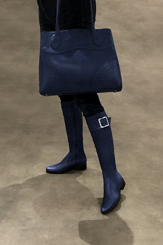 Navy blue women's riding knee-high boots. Round toe. Low leather soles. Made to measure. Worn view - Florence KOOIJMAN